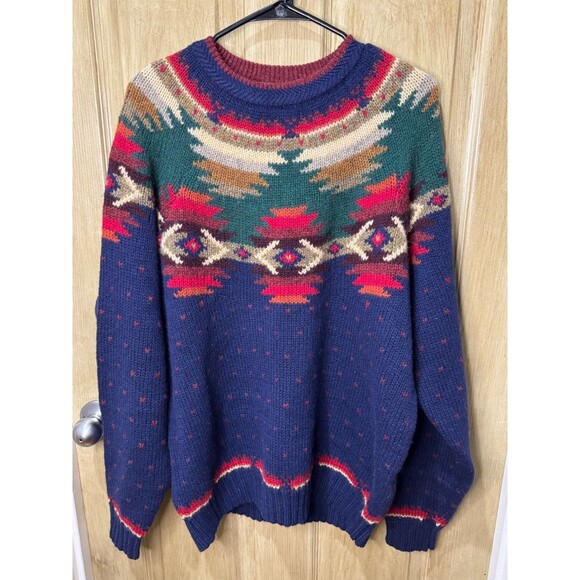 Vintage Woolrich Sweater Large Blue Red Green Pullover Fair Isle Nordic Wool - Picture 1 of 5